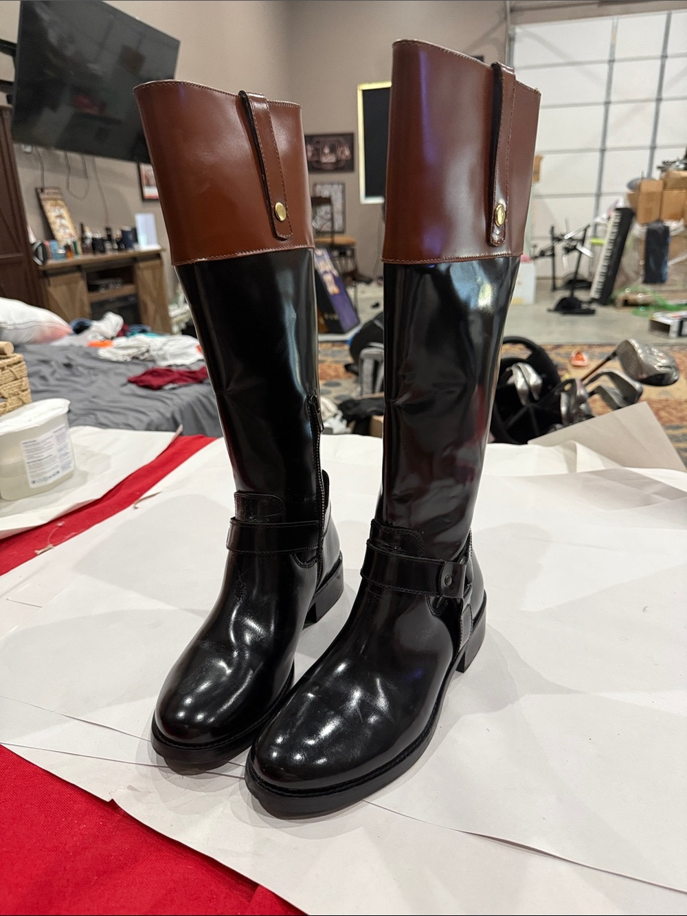 Steve Madden Two-Tone Riding Boots in Black and Brown - Picture 2 of 6